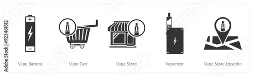 A set of 5 vaping icons as vapor battery, vape cart, vape store