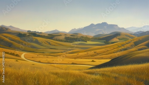 Rolling golden hills under a clear sky in a tranquil countryside landscape