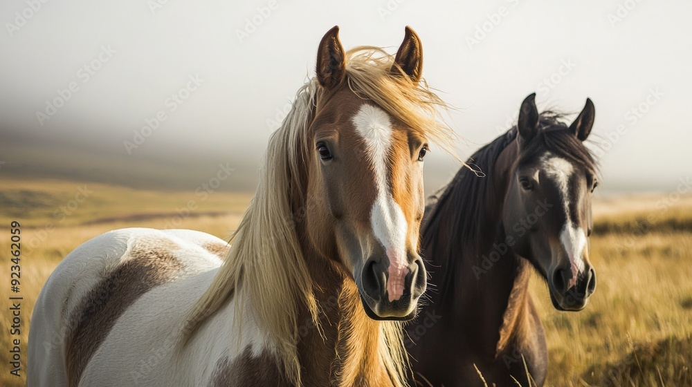 Fototapeta premium Two Horses Standing in a Field, One Facing the Camera with a White Mark on its Face, the Other Out of Focus in the Background