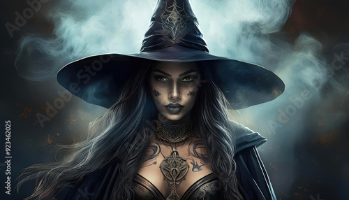 Halloween spooky witch with tattoo and pointy hat with fug photo