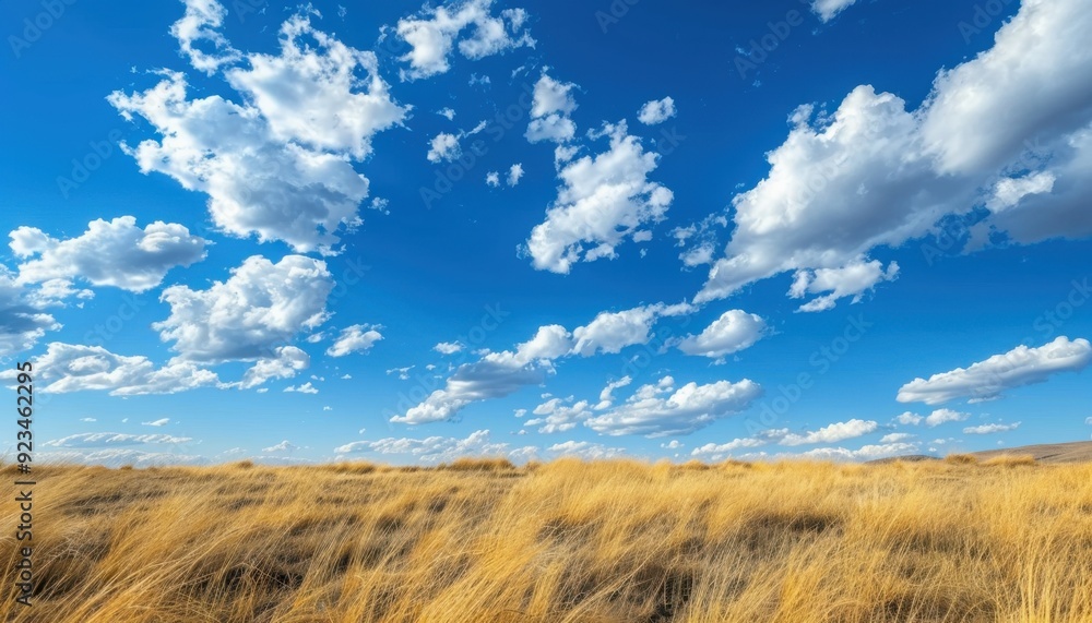 Clear blue sky over golden grassland with scattered clouds during midday Clear blue sky over golden grassland with scattered clouds during midday