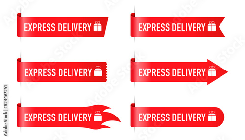 Express delivery label design sale promotion collection. Red ribbons, tags and stickers. Free delivery shipping transport sign vector. Vector illustration