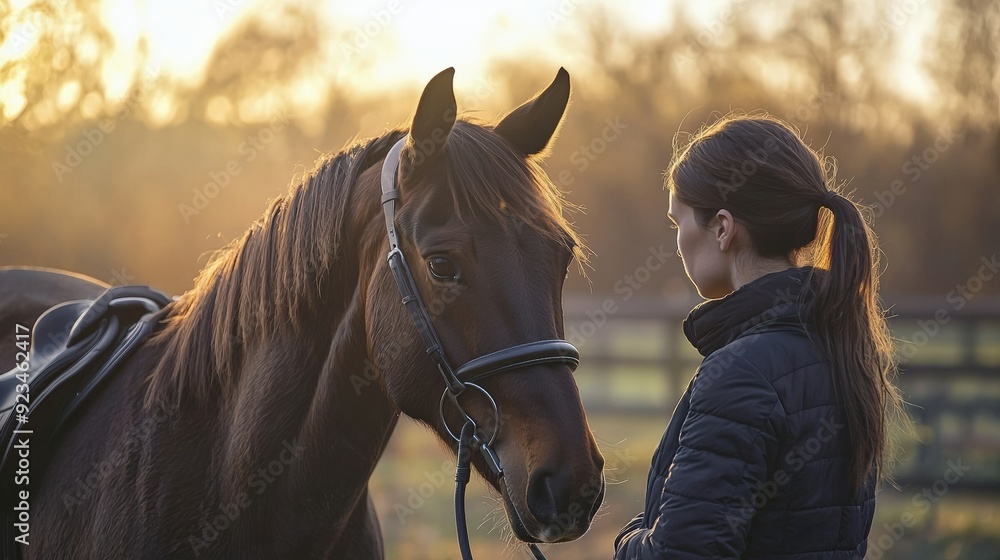 Obraz premium Veterinarian Examining a Calm Horse in a Rural Setting with Advanced Technology