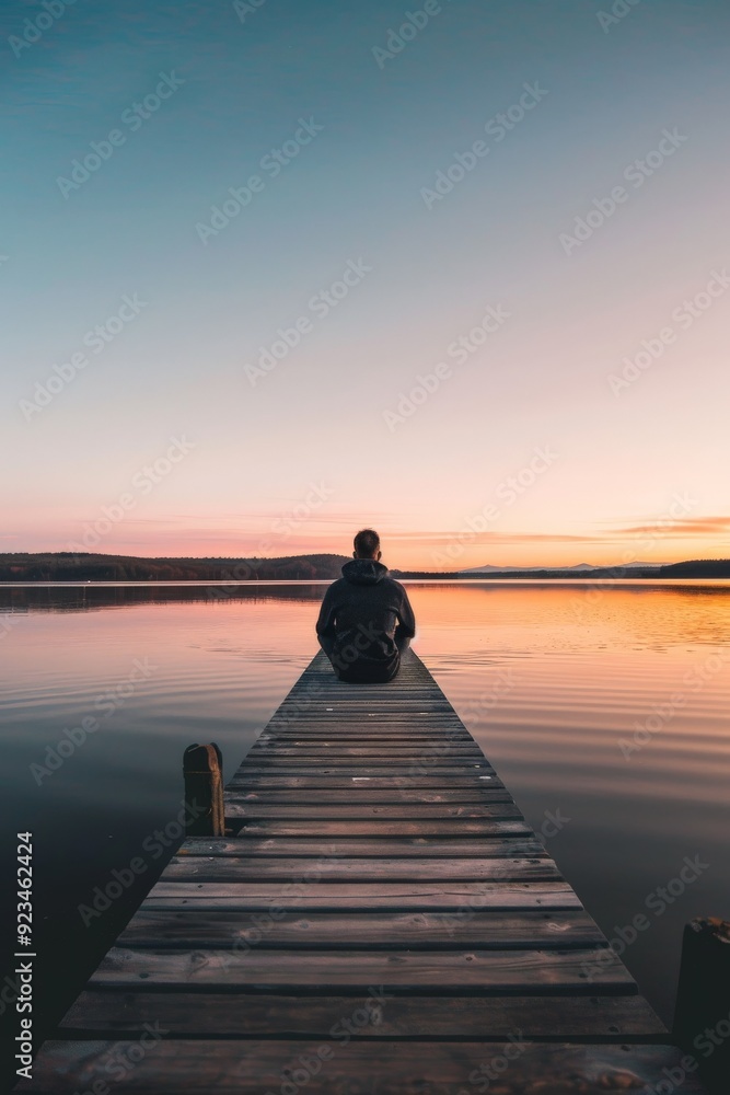 Naklejka premium A person sits at the end of a wooden dock at a tranquil lake, watching the beautiful sunset, reflecting on life and enjoying a peaceful moment in nature during the quiet evening time.
