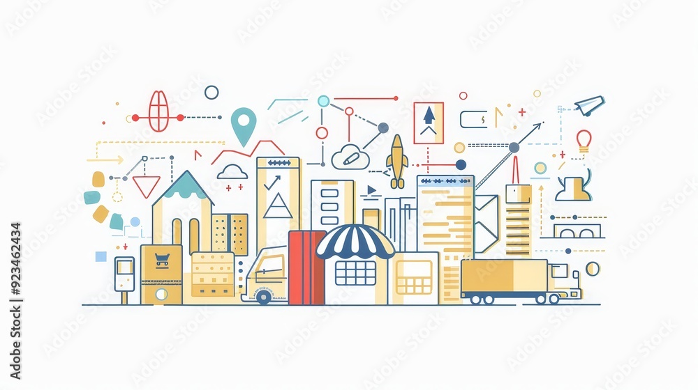 This illustration represents a modern business strategy, with global reach, digital transformation, and the future of business. The design incorporates icons symbolizing growth, technology, logistic This illustration represents a modern business strategy, with global reach, digital transformation, and the future of business. The design incorporates icons symbolizing growth, technology, logistic