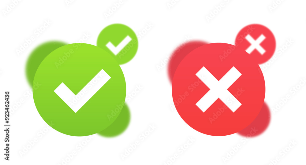Obraz premium Check mark green and cross red. Right and wrong 3D buttons. Approved, rejected, true, false. Signs on a white background. Vector illustration