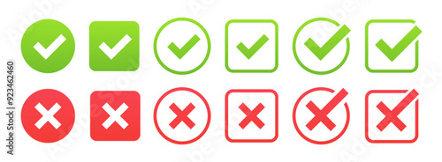 Set of flat buttons. Green tick and red cross. YES or NO accept and decline symbol. Approved and Rejected. Vector illustration
