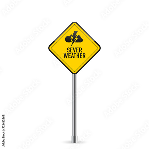 Severe weather sign on white background. Badge with lightning icon. Storm Hazard sign. Vector illustration