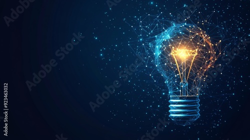 Electric light bulb bright polygonal connections on a dark blue background. Technology concept innovation artificial intelligence brainstorming business success