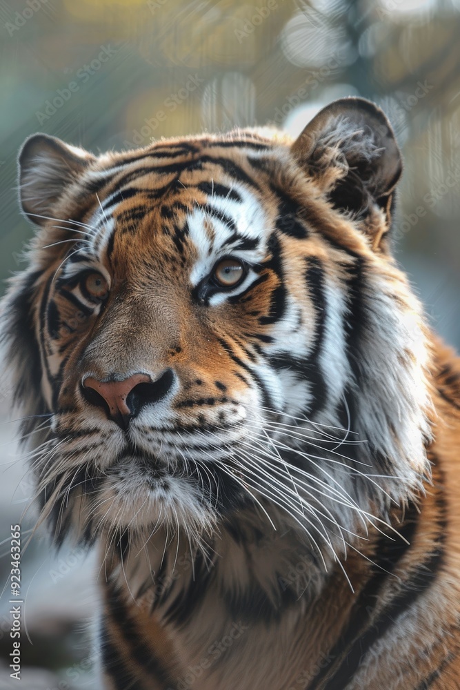 An up-close image of a majestic tiger showcasing its striking fur pattern and intense gaze, capturing the essence of the wild and the beauty of this powerful predator.