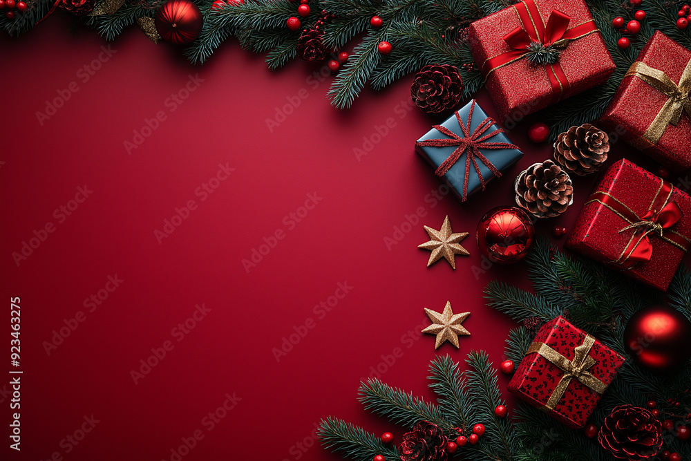 Red background with Christmas decorations and gifts on the right side, top view. Flat lay style, space for text. New Year concept banner, greeting card. Red background with Christmas decorations and gifts on the right side, top view. Flat lay style, space for text. New Year concept banner, greeting card.