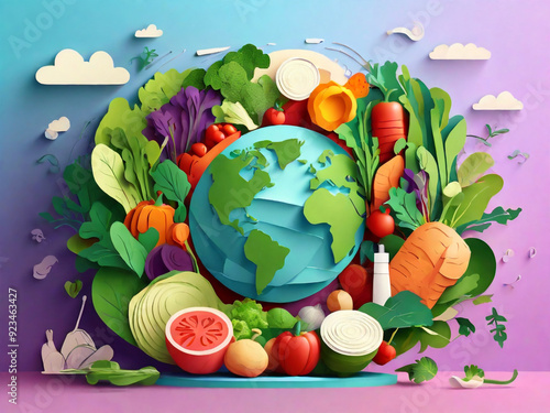 GENERATIVE AI, Culinary tourism concept vector illustration. Paper cut craft style planet Earth globe and healthy fresh vegetables. Cooking food ingredients. Gastronomic tour. Travel food experience. 
