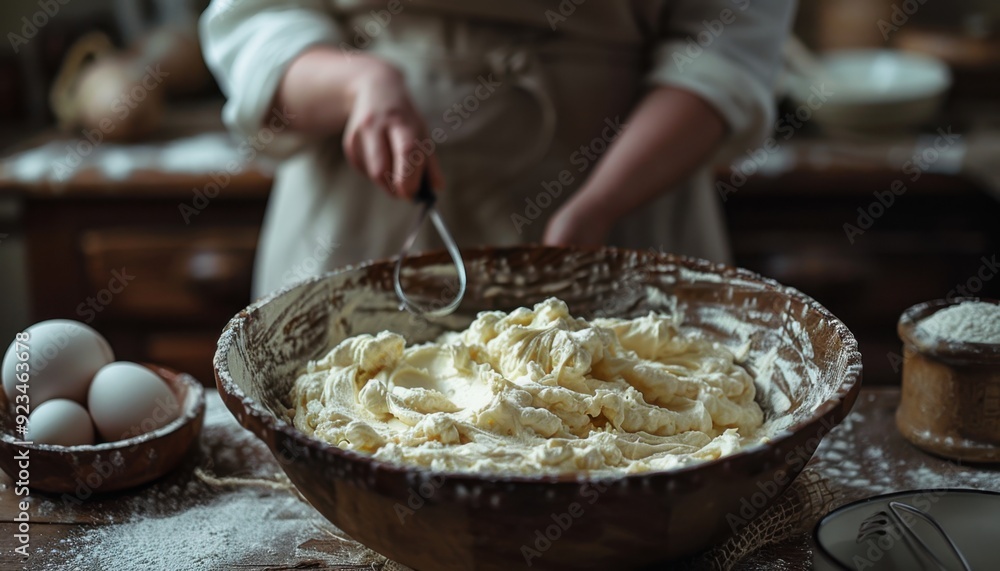 Baker preparing dough in a rustic kitchen with eggs and flour on a wooden table Baker preparing dough in a rustic kitchen with eggs and flour on a wooden table