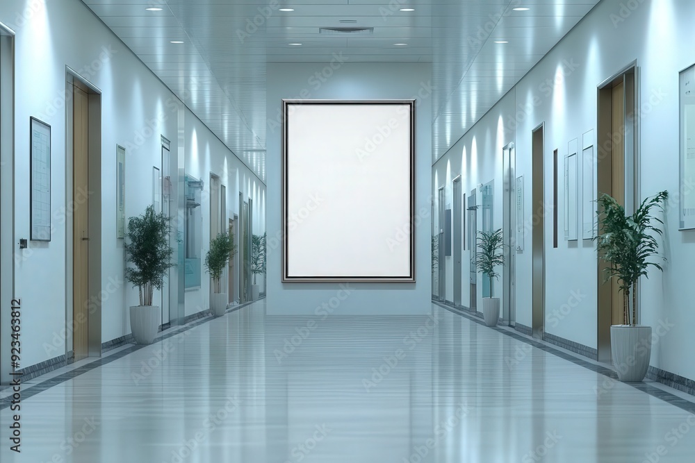 A mockup of an empty white poster on the wall in modern hospital waiting room with comfortable chairs and medical equipment. empty white blank poster on white wall in hospital, white board A mockup of an empty white poster on the wall in modern hospital waiting room with comfortable chairs and medical equipment. empty white blank poster on white wall in hospital, white board