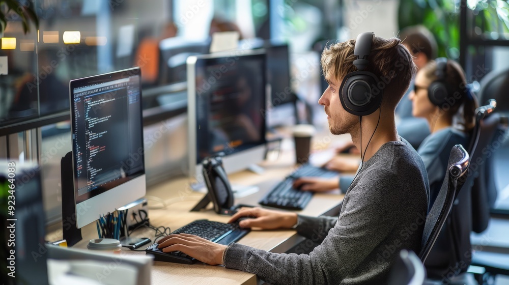 A focused coder with headphones is working on a desktop computer in an open office space, surrounded by teammates in a collaborative and modern work environment. A focused coder with headphones is working on a desktop computer in an open office space, surrounded by teammates in a collaborative and modern work environment.