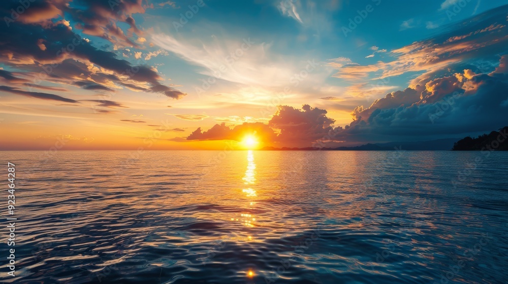 Obraz premium An awe-inspiring sunset over the ocean, with vibrant hues of orange, blue, and purple painting the sky. The water reflects the stunning colors, creating a serene and breathtaking view.