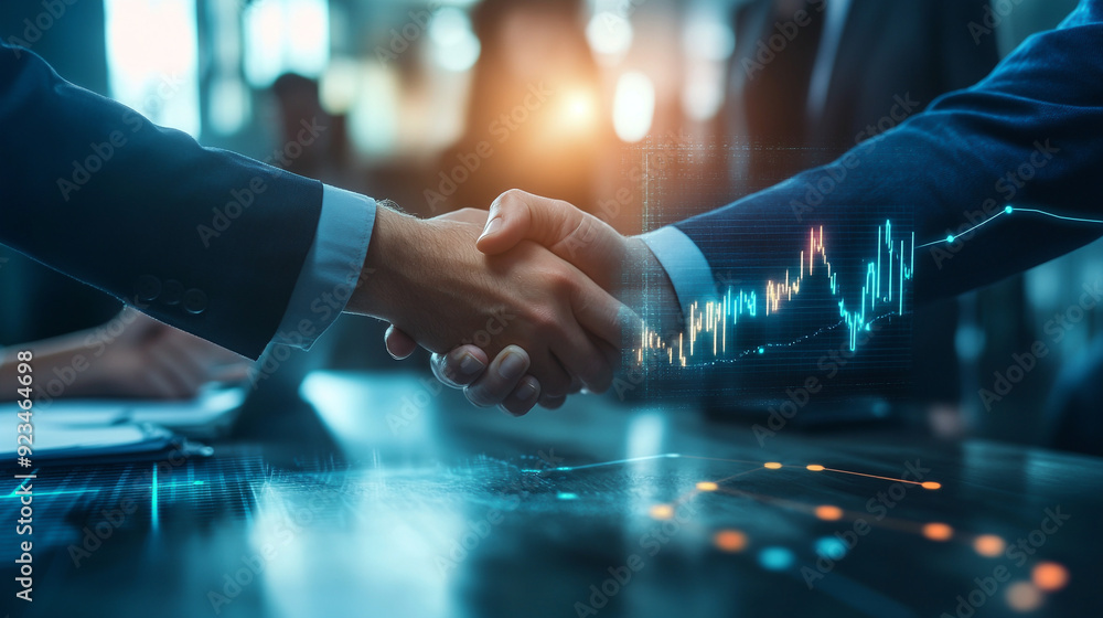 A digital illustration of the hands of people shaking hands after a business meeting in a conference room and a rising graph in the background. Generative AI A digital illustration of the hands of people shaking hands after a business meeting in a conference room and a rising graph in the background. Generative AI