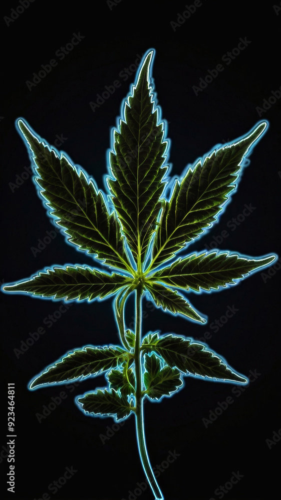 Cannabis neon green leaf on black background. Vertical banner for dispensary shop or stories Cannabis neon green leaf on black background. Vertical banner for dispensary shop or stories