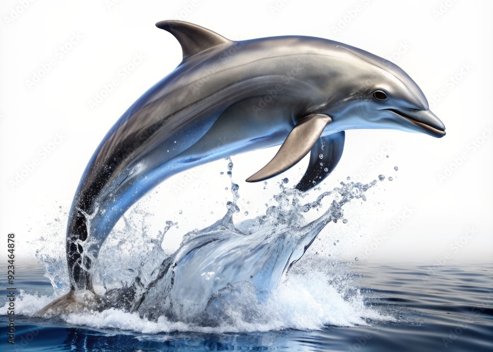Fototapeta premium Majestic silver dolphin leaping out of uncharted waters, frozen in mid-air, isolated on a pristine white background, exuding freedom and aquatic splendor.