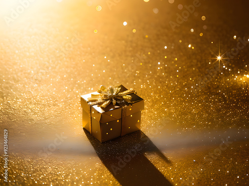 festive scene featuring golden and silver glittery gold surface. The background is also gold with bokeh lights creating a warm, celebratory atmosphere