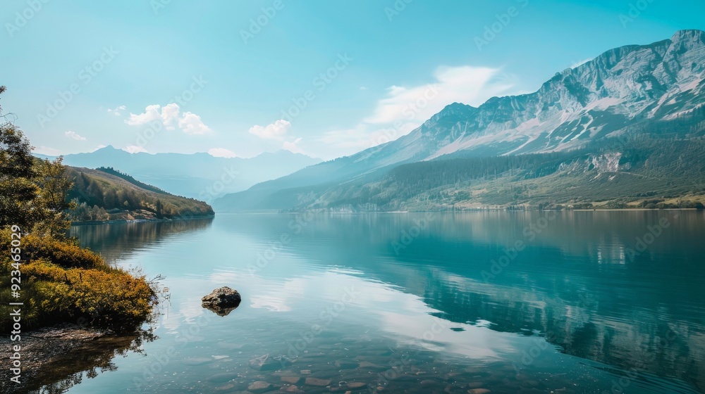 Obraz premium A picturesque scene of a clear, calm lake surrounded by majestic mountains and a blue sky with light clouds, evoking a sense of peace and natural beauty.