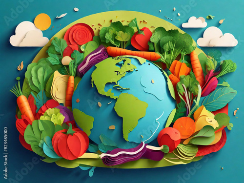 GENERATIVE AI, Culinary tourism concept vector illustration. Paper cut craft style planet Earth globe and healthy fresh vegetables. Cooking food ingredients. Gastronomic tour. Travel food experience. 
