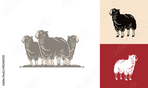 GREAT MERINO SHEEPS AT ORGANIC FARM, silhouette of happy ewe standing vector illustrations