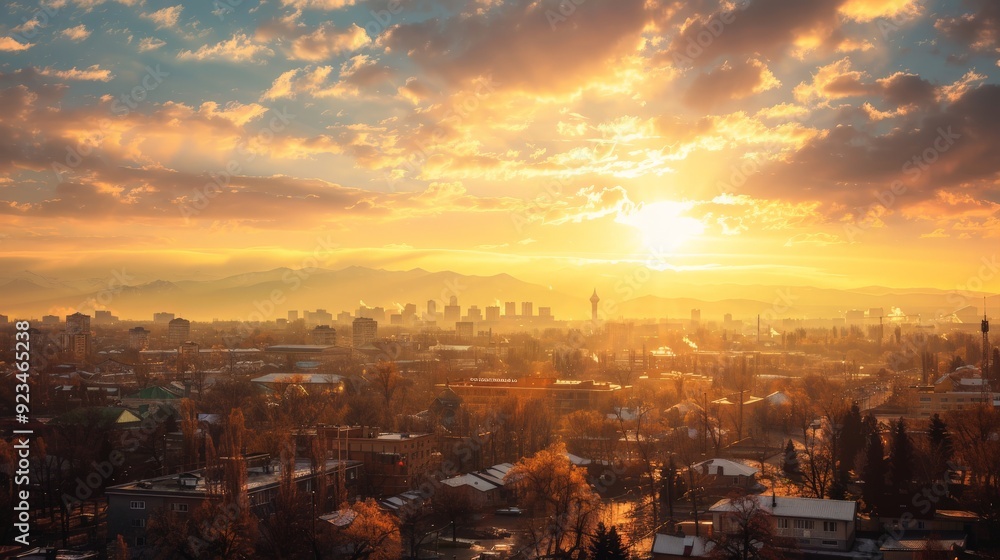 A stunning city skyline at sunrise with golden clouds illuminating the buildings and mountains in the background, capturing the essence of a new beginning and hope. A stunning city skyline at sunrise with golden clouds illuminating the buildings and mountains in the background, capturing the essence of a new beginning and hope.