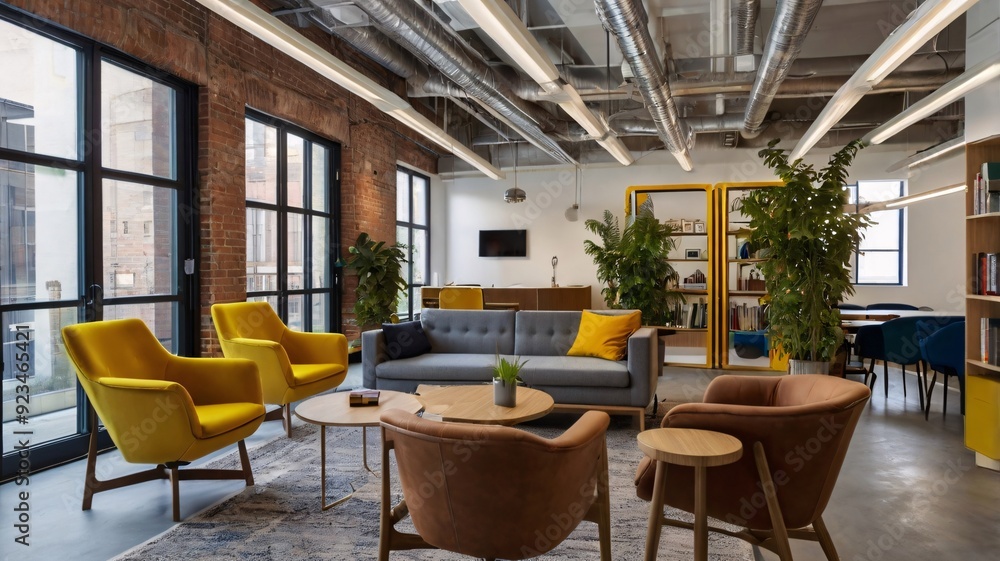 Modern Loft Interior Design with Exposed Brick Wall and Yellow Accent Chairs. Modern Loft Interior Design with Exposed Brick Wall and Yellow Accent Chairs.