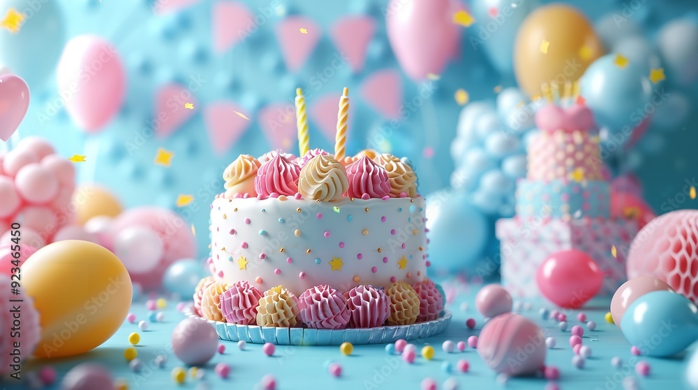 Festive Happy Birthday Celebration with Colorful Cake and Balloons Background Festive Happy Birthday Celebration with Colorful Cake and Balloons Background