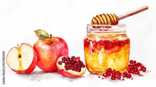 Rosh Hashanah. Apple, pomegranate, and a jar of honey traditional products for the celebration on white background. Jewish Rosh Hashanah celebration. Watercolor illustration.