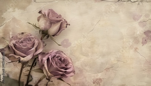 Fototapeta Naklejka Na Ścianę i Meble -  Three delicate lavender roses on a textured vintage background