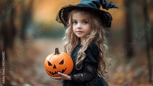 Wallpaper Mural Little girl wearing halloween costume holding pumpkin at halloween festival ,Generative AI Torontodigital.ca