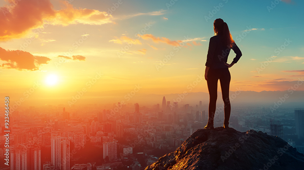 Fototapeta premium Woman Overlooking City at Sunrise 