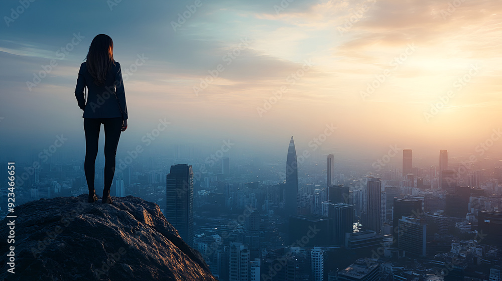 Fototapeta premium Woman on Mountain Peak at Sunrise