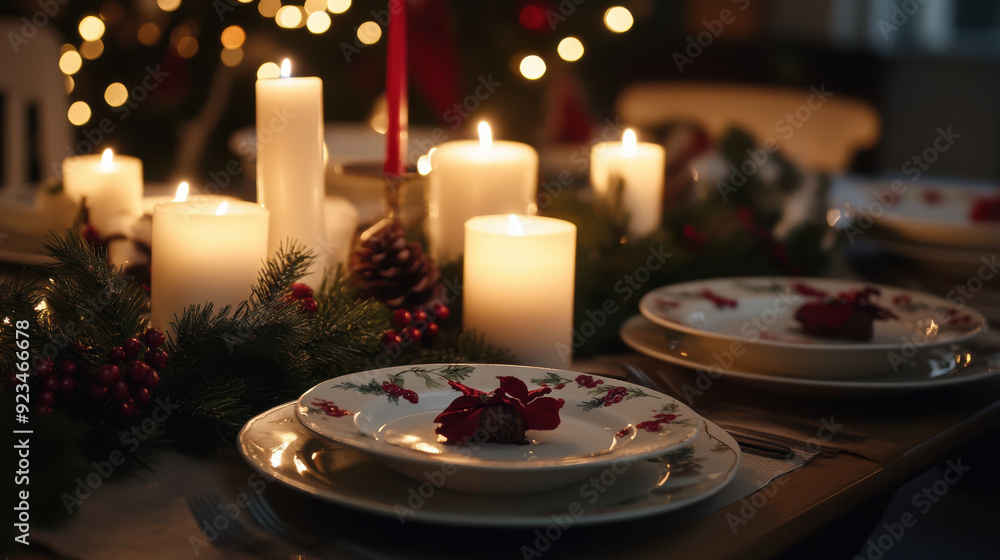 Festive table setting with Christmas-themed dinnerware and candles, glowing softly in the evening light. Festive table setting with Christmas-themed dinnerware and candles, glowing softly in the evening light.