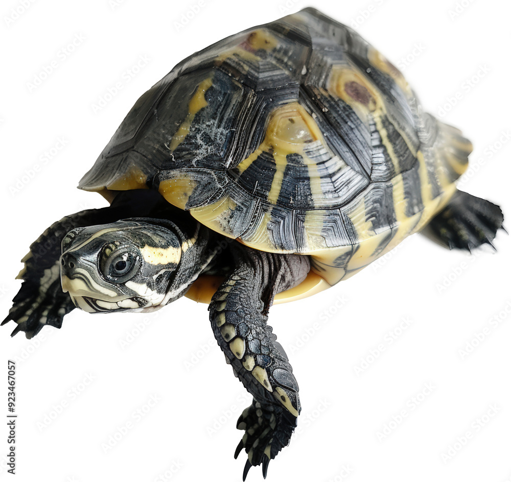 Obraz premium A close-up of a turtle with a black and yellow shell, looking directly at the camera with a curious expression.
