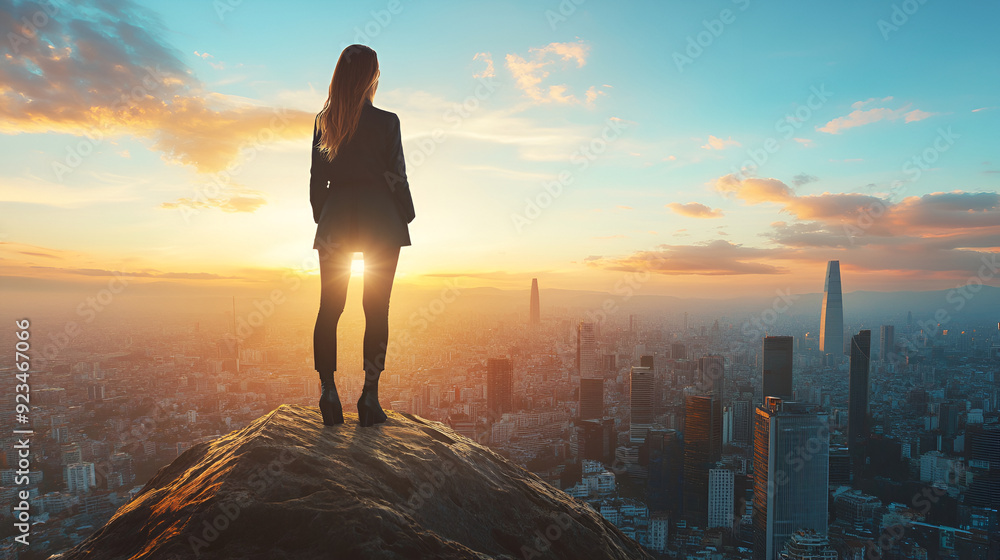 Fototapeta premium Woman Overlooking City Skyline at Sunset