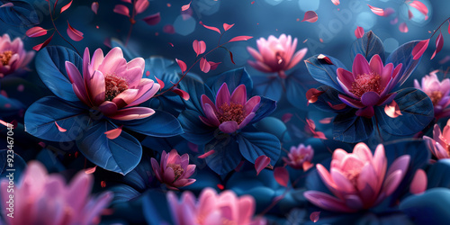 Vibrant pink and blue lotus flowers in a mystical, dark background with falling petals, suitable for fantasy or spiritual themes.