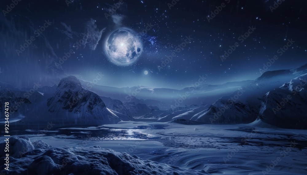 Snowy landscape under a starry night sky with a bright full moon and distant mountains Snowy landscape under a starry night sky with a bright full moon and distant mountains