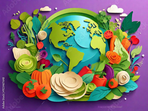 generative ai, culinary tourism concept vector illustration. paper cut craft style planet earth globe and healthy fresh vegetables. cooking food ingredients. gastronomic tour. travel food experience.