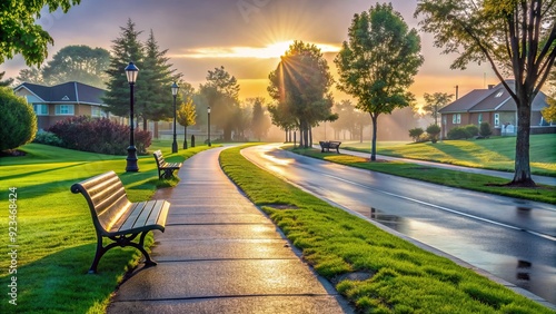 Early morning suburban road dewy grassy sidewalks empty benches worn asphalt peaceful solitude urban escape serene calm atmosphere soft pastel colors photo