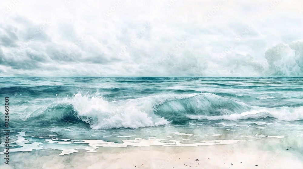 A serene watercolor seascape featuring gentle waves crashing onto the sandy shore under a calm, partly cloudy sky. The painting captures the peaceful essence of a tranquil beach scene A serene watercolor seascape featuring gentle waves crashing onto the sandy shore under a calm, partly cloudy sky. The painting captures the peaceful essence of a tranquil beach scene