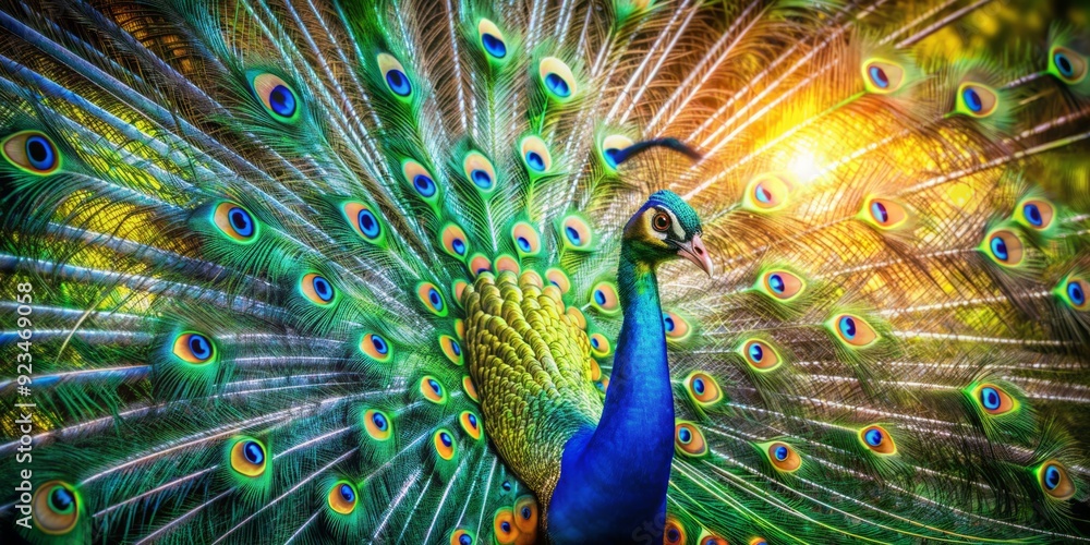Obraz premium Vibrant peacock spreads majestic wings, iridescent blues and emerald greens shimmering in sunlight as it takes to the sky, a whirlwind of stunning plumage.