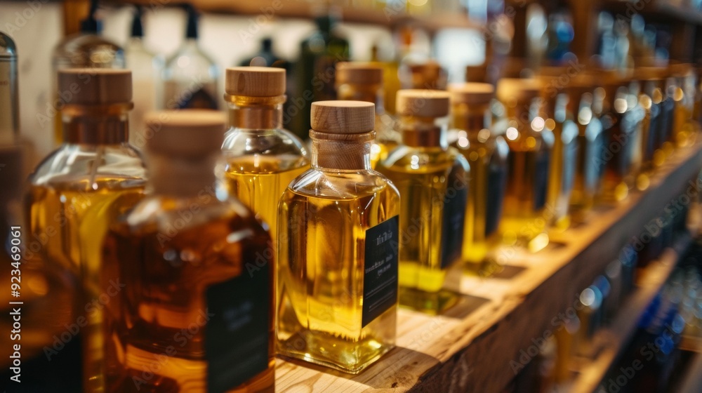 Bottles of olive oil on a wooden shelf in a gourmet store Bottles of olive oil on a wooden shelf in a gourmet store