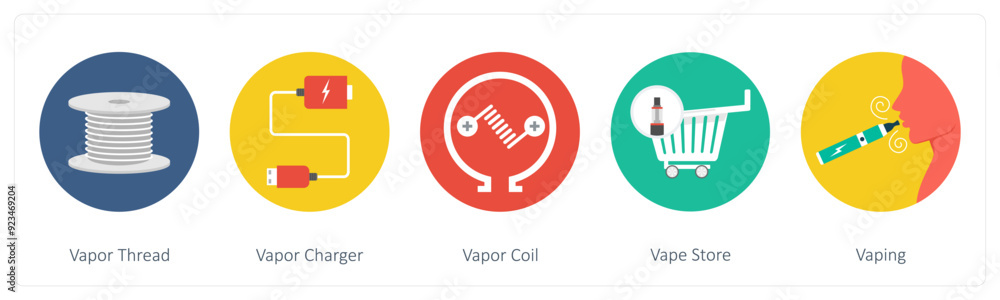 A set of 5 vaping icons as vapor thread, vapor charger, vapor coil A set of 5 vaping icons as vapor thread, vapor charger, vapor coil