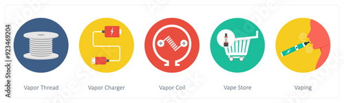 A set of 5 vaping icons as vapor thread, vapor charger, vapor coil