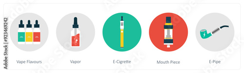 A set of 5 vaping icons as vapor flavours, vapor, e cigarette