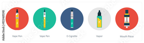 A set of 5 vaping icons as vape pen, e cigrarette, vapor