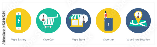 A set of 5 vaping icons as vapor battery, vape cart, vape store